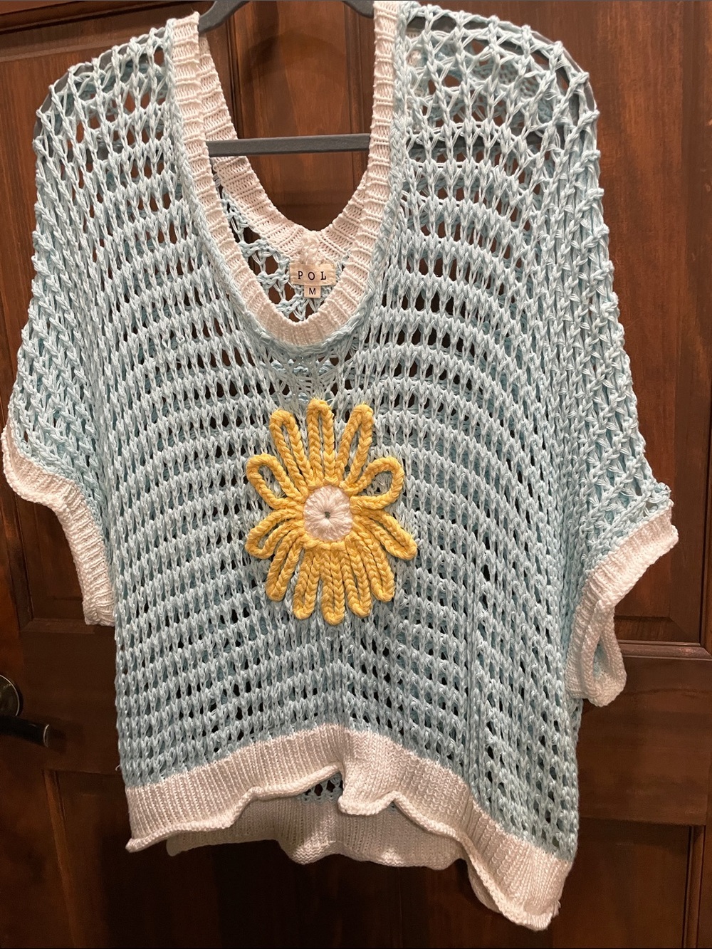 POL Open Knit Light Blue Scoop Neck Sweater with Yellow Daisy